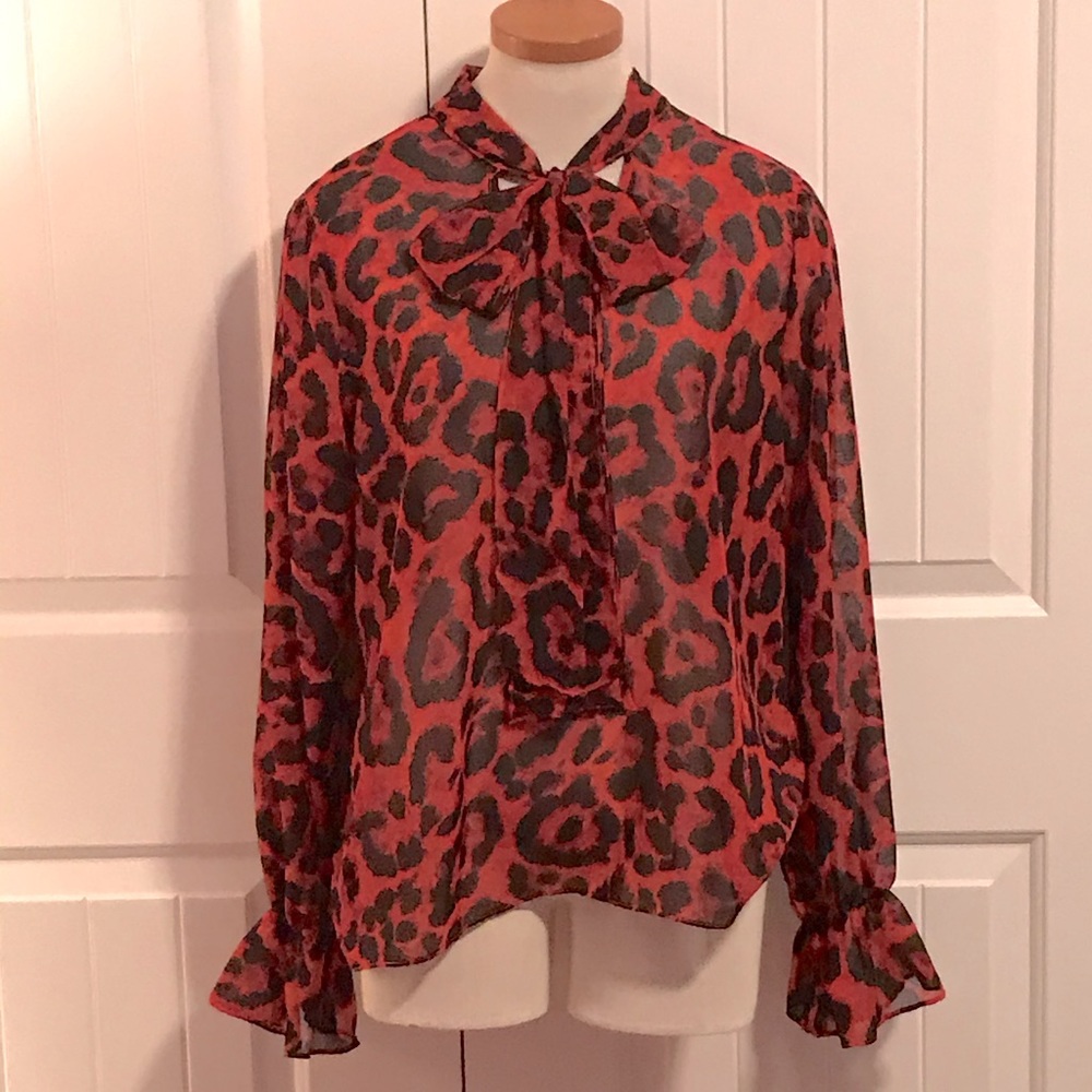 Shein Long Sleeve Sheer Red Animal Print Blouse